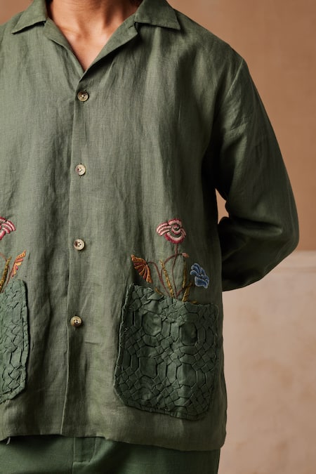 Shop_Cord_Green Linen Embroidery Bloomer Shacket And Pant Set_Online_at_Aza_Fashions