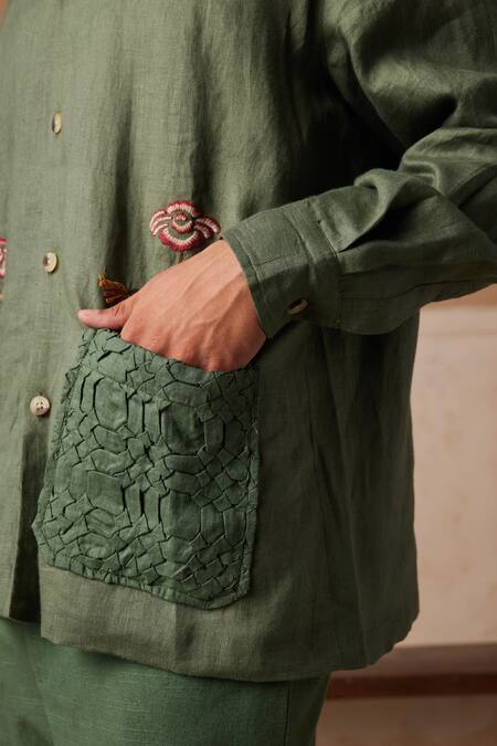 Cord_Green Linen Embroidery Bloomer Shacket And Pant Set_at_Aza_Fashions