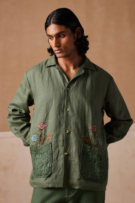 Buy_Cord_Green Linen Embroidery Bloomer Shacket And Pant Set