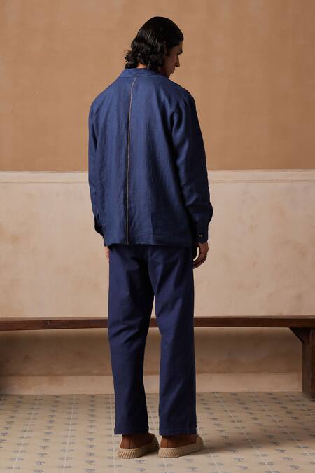 Shop Cord Blue Linen Embroidery Bloomer Lapel Collar Shacket And Pant Set at Aza Fashions Shop_Cord_Blue Linen Embroidery Bloomer Lapel Collar Shacket And Pant Set_at_Aza_Fashions