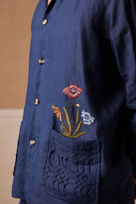 Buy Cord Blue Linen Embroidery Bloomer Lapel Collar Shacket And Pant Set Online at Aza Fashions Buy_Cord_Blue Linen Embroidery Bloomer Lapel Collar Shacket And Pant Set_Online_at_Aza_Fashions