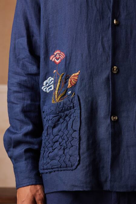 Shop Cord Blue Linen Embroidery Bloomer Lapel Collar Shacket And Pant Set Online at Aza Fashions Shop_Cord_Blue Linen Embroidery Bloomer Lapel Collar Shacket And Pant Set_Online_at_Aza_Fashions