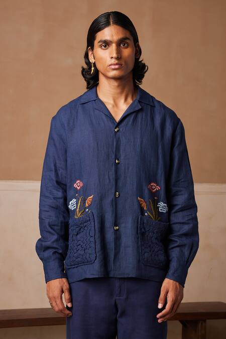 Cord Blue Linen Embroidery Bloomer Lapel Collar Shacket And Pant Set at Aza Fashions Cord_Blue Linen Embroidery Bloomer Lapel Collar Shacket And Pant Set_at_Aza_Fashions