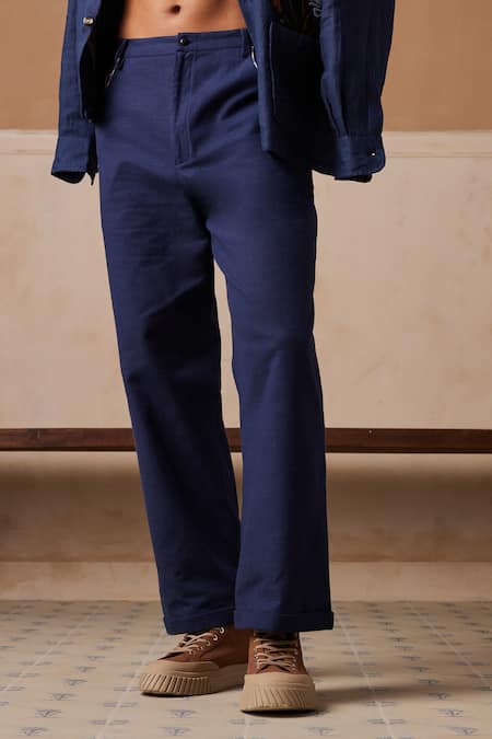 Buy Cord Blue Linen Embroidery Bloomer Lapel Collar Shacket And Pant Set Buy_Cord_Blue Linen Embroidery Bloomer Lapel Collar Shacket And Pant Set