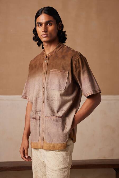 Cord Brown Linen Printed Impression Dawn Shirt  3