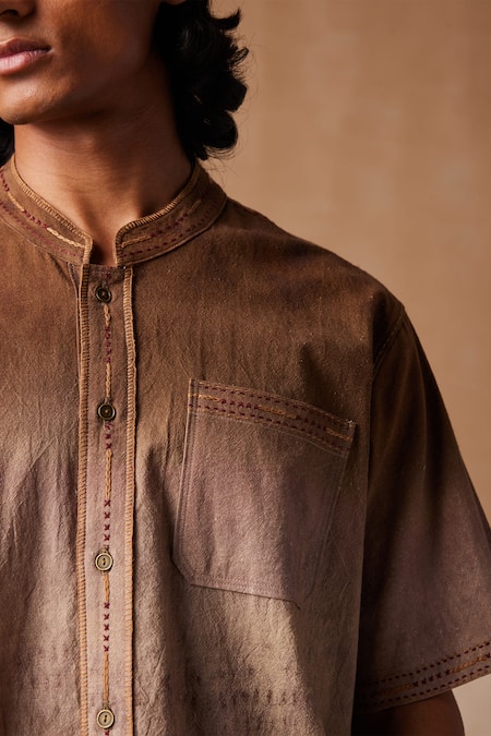 Cord Brown Linen Printed Impression Dawn Shirt  5