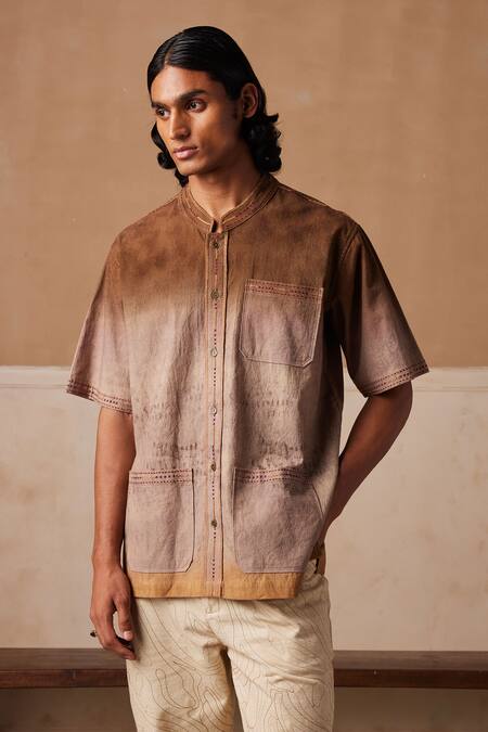 Cord Brown Linen Printed Impression Dawn Shirt  7