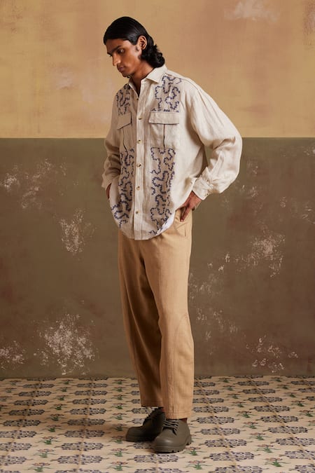 Shop_Cord_Ivory Linen Embroidery Hop Spiral Print Oversized Shirt _at_Aza_Fashions
