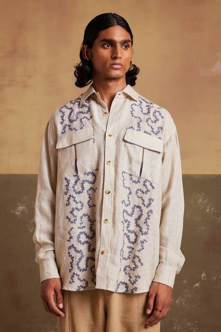 Cord_Ivory Linen Embroidery Hop Spiral Print Oversized Shirt _Online_at_Aza_Fashions