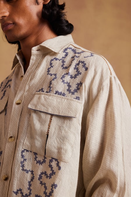 Buy_Cord_Ivory Linen Embroidery Hop Spiral Print Oversized Shirt _Online_at_Aza_Fashions