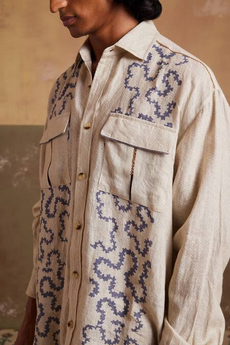 Shop_Cord_Ivory Linen Embroidery Hop Spiral Print Oversized Shirt _Online_at_Aza_Fashions