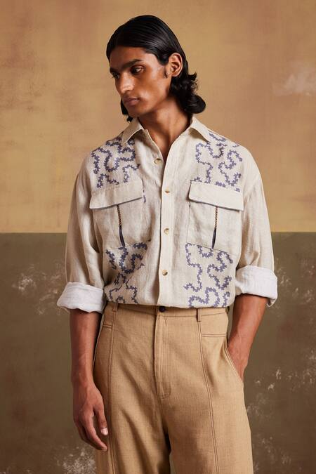 Cord_Ivory Linen Embroidery Hop Spiral Print Oversized Shirt _at_Aza_Fashions
