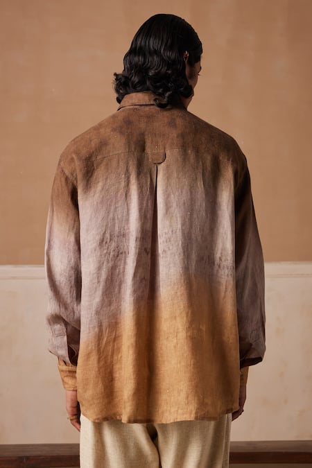 Shop_Cord_Brown Linen Embroidery Hop Impression Print Shirt _at_Aza_Fashions