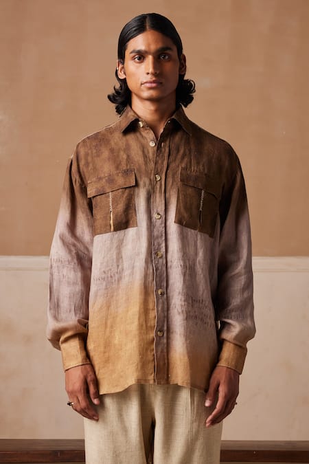 Cord_Brown Linen Embroidery Hop Impression Print Shirt _Online_at_Aza_Fashions