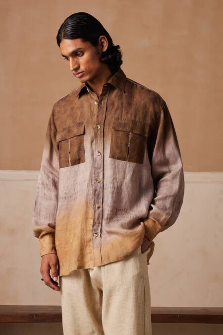 Buy_Cord_Brown Linen Embroidery Hop Impression Print Shirt _Online_at_Aza_Fashions