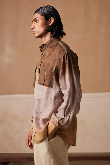 Shop_Cord_Brown Linen Embroidery Hop Impression Print Shirt _Online_at_Aza_Fashions