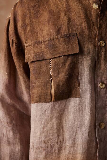 Cord_Brown Linen Embroidery Hop Impression Print Shirt _at_Aza_Fashions