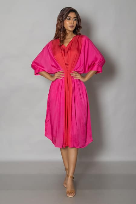 Pinki Sinha Pink Crepe Solid V Neck Midi Kaftan Dress