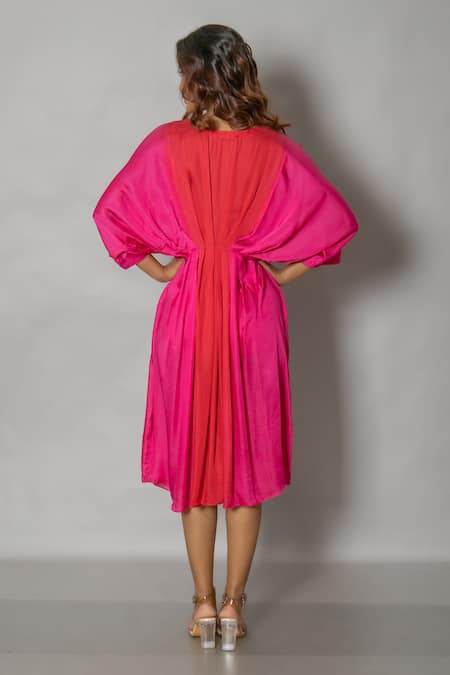 Buy Pink Crepe Solid V Neck Midi Kaftan Dress For Women by Pinki