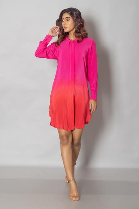 Pinki Sinha Pink Crepe Solid Collar Asymmetric Shirt Dress