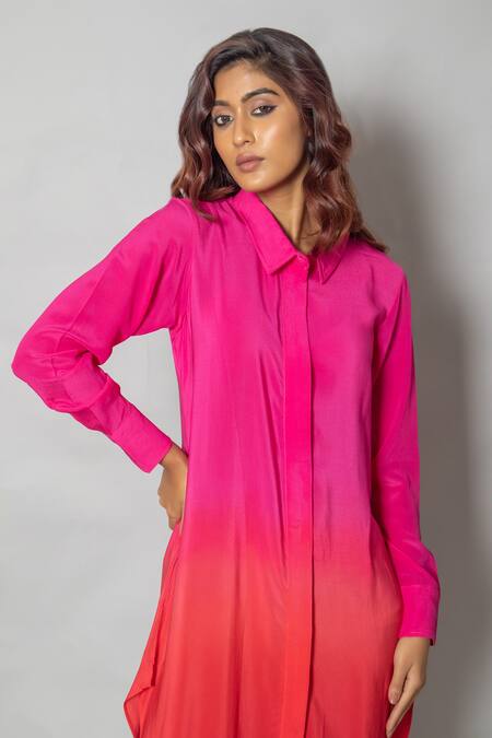 Buy Vishwa By Pinki Sinha Pink Crepe Collared Solid Asymmetric Shirt Dress Online at Aza Fashions Buy_Vishwa By Pinki Sinha_Pink Crepe Collared Solid Asymmetric Shirt Dress _Online_at_Aza_Fashions