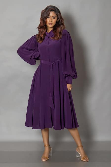 VISHWA BY PINKI SINHA Purple Crepe Solid Collar Front Buttoned Midi Dress 