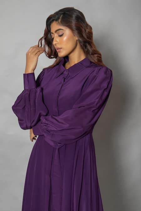 Buy_Vishwa By Pinki Sinha_Purple Crepe Collared Front Buttoned Solid Midi Dress _Online_at_Aza_Fashions