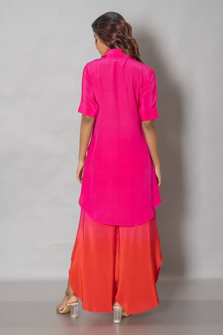 Shop_Vishwa By Pinki Sinha_Pink Crepe Collared Solid Stand Top And Pant Set _at_Aza_Fashions