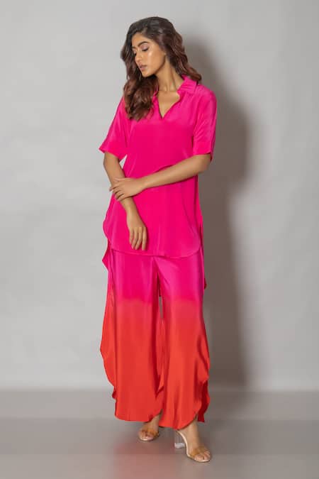 Vishwa By Pinki Sinha_Pink Crepe Collared Solid Stand Top And Pant Set _Online_at_Aza_Fashions