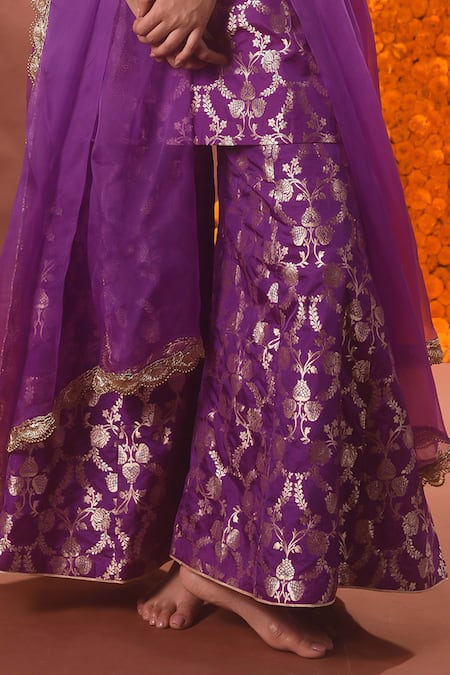 Vishwa By Pinki Sinha_Purple Silk, Brocade, Chiffon Embroidery V-neck Floral Pattern Kurta Sharara Set_Online_at_Aza_Fashions