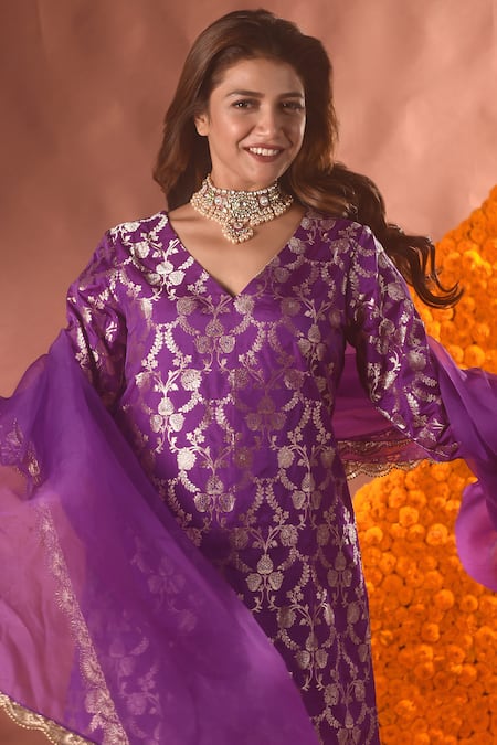 Buy_Vishwa By Pinki Sinha_Purple Silk, Brocade, Chiffon Embroidery V-neck Floral Pattern Kurta Sharara Set_Online_at_Aza_Fashions