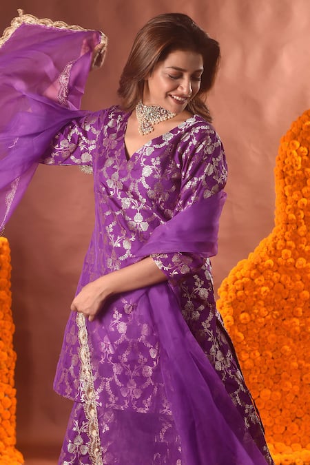 Shop_Vishwa By Pinki Sinha_Purple Silk, Brocade, Chiffon Embroidery V-neck Floral Pattern Kurta Sharara Set_Online_at_Aza_Fashions
