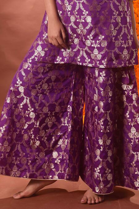Vishwa By Pinki Sinha_Purple Silk, Brocade Embroidery, Zari V-neck Floral Pattern Kurta And Sharara Set_Online_at_Aza_Fashions