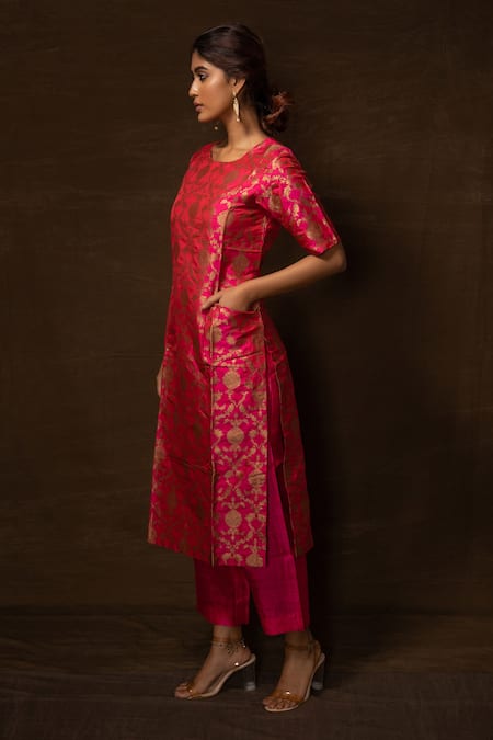 Vishwa By Pinki Sinha Pink Silk, Brocade Embroidery Round Floral Pattern Half Sleeve Kurta And Pant Set Online at Aza Fashions Vishwa By Pinki Sinha_Pink Silk, Brocade Embroidery Round Floral Pattern Half Sleeve Kurta And Pant Set_Online_at_Aza_Fashions