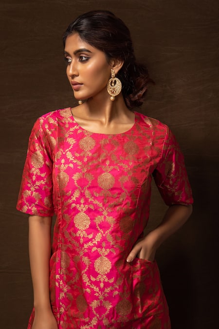 Buy Vishwa By Pinki Sinha Pink Silk, Brocade Embroidery Round Floral Pattern Half Sleeve Kurta And Pant Set Online at Aza Fashions Buy_Vishwa By Pinki Sinha_Pink Silk, Brocade Embroidery Round Floral Pattern Half Sleeve Kurta And Pant Set_Online_at_Aza_Fashions