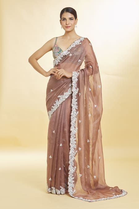 Priyal Bhardwaj Brown Organza Sequins, Zari Floral Embroidered Saree Online at Aza Fashions Priyal Bhardwaj_Brown Organza Sequins, Zari Floral Embroidered Saree _Online_at_Aza_Fashions