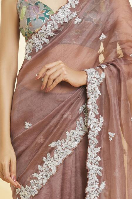 Buy Priyal Bhardwaj Brown Organza Sequins, Zari Floral Embroidered Saree Online at Aza Fashions Buy_Priyal Bhardwaj_Brown Organza Sequins, Zari Floral Embroidered Saree _Online_at_Aza_Fashions