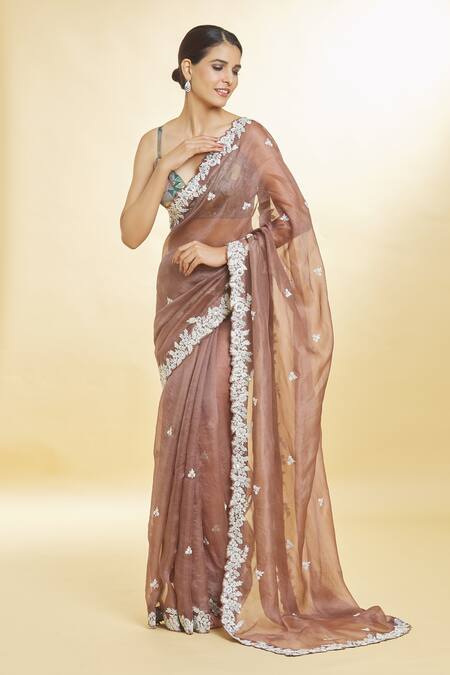 Shop Priyal Bhardwaj Brown Organza Sequins, Zari Floral Embroidered Saree Online at Aza Fashions Shop_Priyal Bhardwaj_Brown Organza Sequins, Zari Floral Embroidered Saree _Online_at_Aza_Fashions