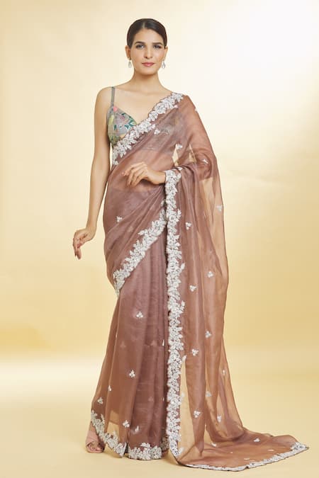 Priyal Bhardwaj Brown Organza Sequins, Zari Floral Embroidered Saree at Aza Fashions Priyal Bhardwaj_Brown Organza Sequins, Zari Floral Embroidered Saree _at_Aza_Fashions