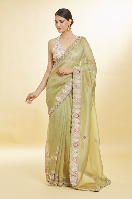 Priyal Bhardwaj_Green Organza Sequins, Beads Resham And Embroidered Saree _Online_at_Aza_Fashions