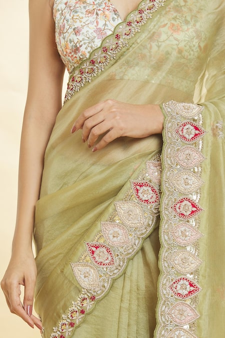 Buy_Priyal Bhardwaj_Green Organza Sequins, Beads Resham And Embroidered Saree _Online_at_Aza_Fashions