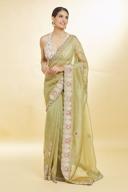 Shop_Priyal Bhardwaj_Green Organza Sequins, Beads Resham And Embroidered Saree _Online_at_Aza_Fashions