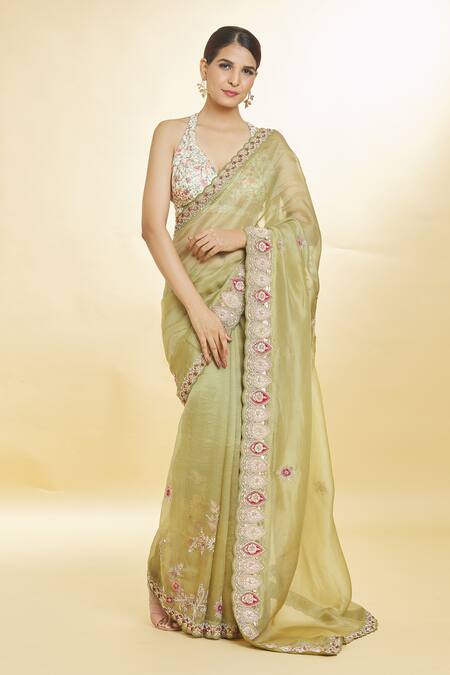 Priyal Bhardwaj_Green Organza Sequins, Beads Resham And Embroidered Saree _at_Aza_Fashions