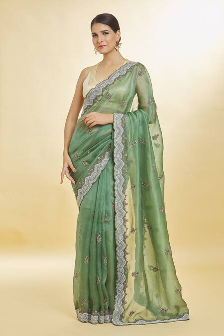 Priyal Bhardwaj Green Organza Sequins, Beads Resham And Zari Embroidered Saree Online at Aza Fashions Priyal Bhardwaj_Green Organza Sequins, Beads Resham And Zari Embroidered Saree _Online_at_Aza_Fashions
