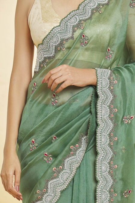 Buy Priyal Bhardwaj Green Organza Sequins, Beads Resham And Zari Embroidered Saree Online at Aza Fashions Buy_Priyal Bhardwaj_Green Organza Sequins, Beads Resham And Zari Embroidered Saree _Online_at_Aza_Fashions