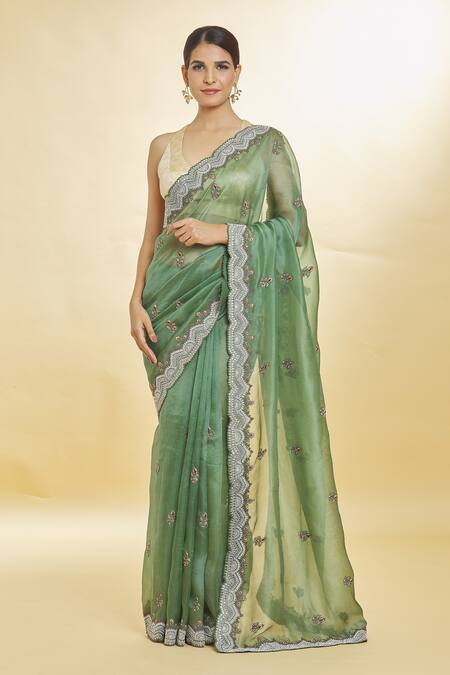 Shop Priyal Bhardwaj Green Organza Sequins, Beads Resham And Zari Embroidered Saree Online at Aza Fashions Shop_Priyal Bhardwaj_Green Organza Sequins, Beads Resham And Zari Embroidered Saree _Online_at_Aza_Fashions