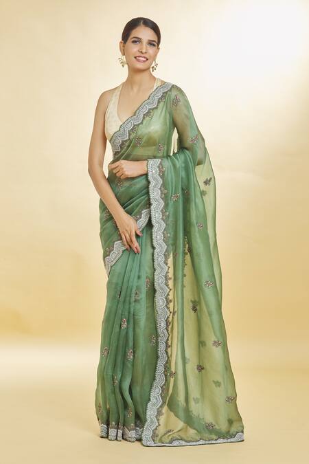 Priyal Bhardwaj Green Organza Sequins, Beads Resham And Zari Embroidered Saree at Aza Fashions Priyal Bhardwaj_Green Organza Sequins, Beads Resham And Zari Embroidered Saree _at_Aza_Fashions