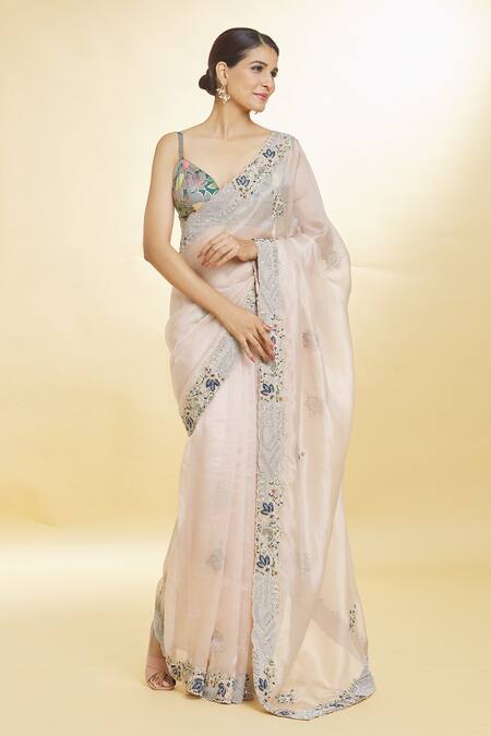 Priyal Bhardwaj_Peach Organza Sequins, Pearls Zari And Resham Embroidered Saree _Online_at_Aza_Fashions