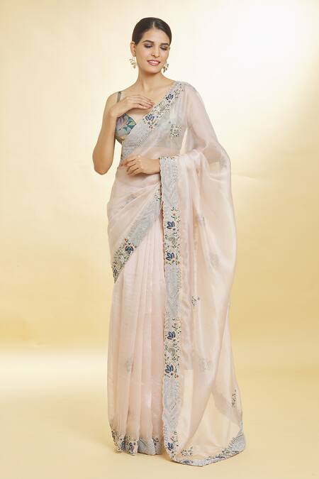 Buy_Priyal Bhardwaj_Peach Organza Sequins, Pearls Zari And Resham Embroidered Saree _Online_at_Aza_Fashions