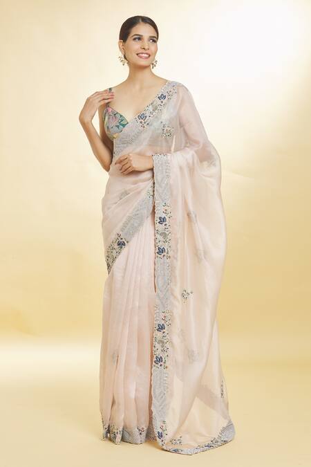 Priyal Bhardwaj_Peach Organza Sequins, Pearls Zari And Resham Embroidered Saree _at_Aza_Fashions
